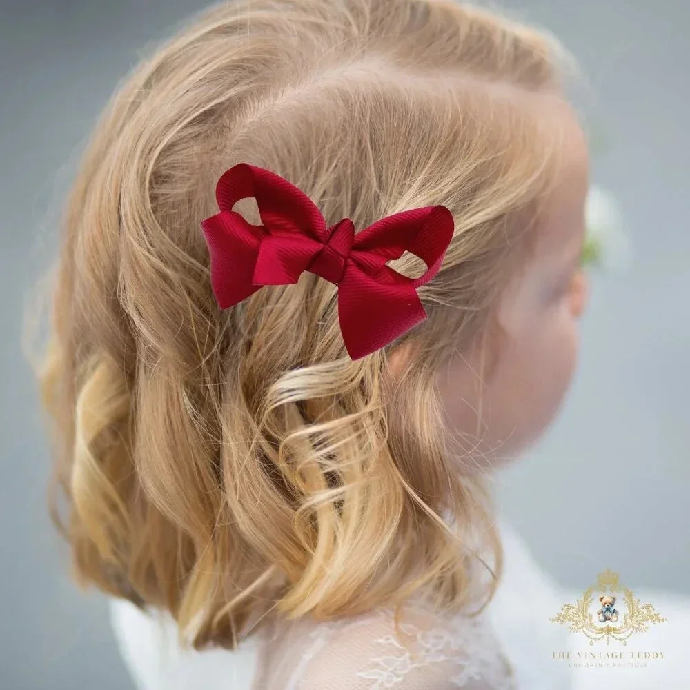 Set of 2 Pretty Girls Hair Bows Grosgrain Ribbon Hair Clips Accessory Burgundy